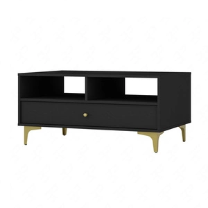 Kioto I schwarzer Graphit Couchtisch mit Schublade elegantes Design verstärkter Metallsockel in Goldfarbe dezenter Griff