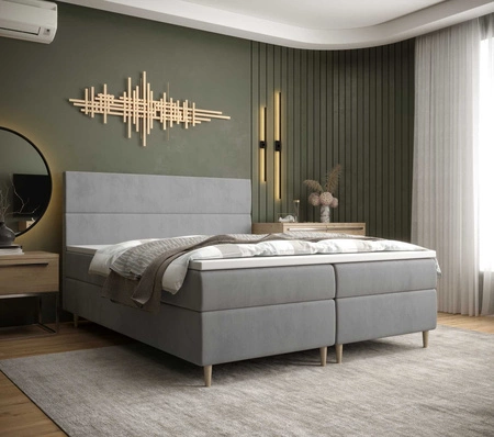 Boxspringbett Bing 140x200 hellgrau im modernen skandinavischen Stil mit markantem Kopfteil