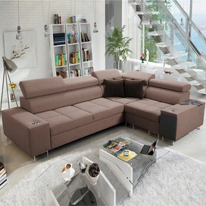 Ecksofa mit Schlaffunktion Dafni II hellbraun rechtwinklig geflochtenes Ecksofa mit Bettzeugschublade in der Seite des Möbels