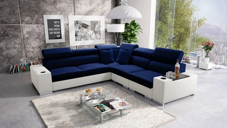 Ecksofa mit Schlaffunktion Provo III marineblau/weiß rechtes Ecksofa mit Bettzeugablage und verstellbaren Kopfstützen