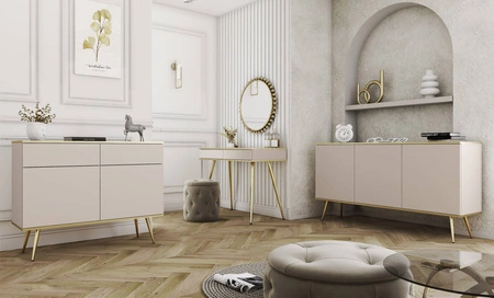 Schubladenkommode Luxury 107 cm beige modernes Design Kommode für Wohnzimmer Körper mit Gold trim hohe Metallbeine gekrönt