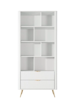Bücherregal Lante 88 cm weiß elegantes Bücherregal mit Schubladen Designer Riffelung auf Fronten Metallkantengriffe