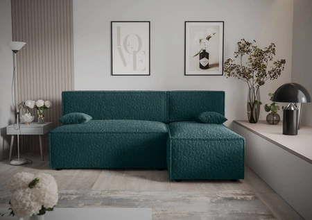 Ecksofa mit Schlaffunktion Brandon türkis rechte Seite weicher Stoff mit charakteristischer Schlingenoberfläche Bettzeugbehälter