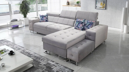 Ecksofa mit Schlaffunktion Hampton grau Esche rechts stilvolle Steppung auf der Sitzfläche weicher Polsterstoff Ecksofa mit Verlängerung
