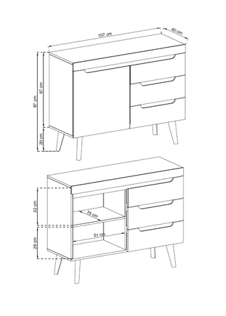 107 cm Atka 107 cm Kommode mit Schubladen weiß / weiß glänzend / Eiche riviera modernes Möbeldesign Kommodenrand mit speziellem ABS-Furnier bearbeitet