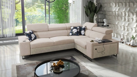 Ecksofa mit Schlaffunktion Flavio II beige / beige Öko-Leder rechts bequemes Ecksofa Bett offene Bar in der Seite der Möbel