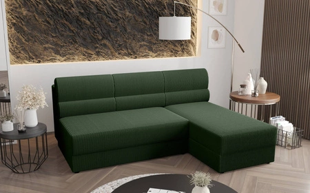 Ecksofa mit Schlaffunktion Fogu grün rechte Seite stilvolle Ecksofa mit einfachem Design mit Cord-Stoff Bettzeug Container abgedeckt