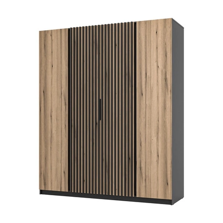 Kleiderschrank Kastano XIII 200 cm schwarz / Eiche evoke modernes Design Metallkante Griffe Schranktür mit schwarzen Lamellen verziert