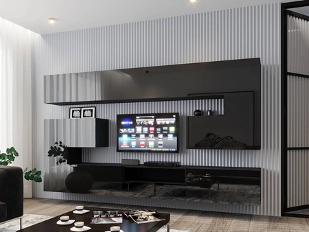 Selasia Schrankwand schwarz / schwarz glänzend stilvolle grifflose Designschrankwand für Wohnzimmer oder Dielenbereich