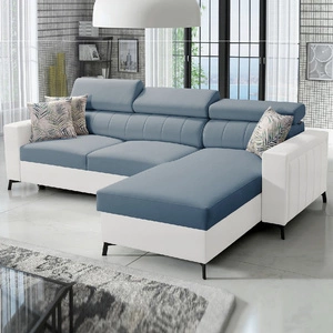 Ecksofa mit Schlaffunktion Savona blau / weiß rechts elegantes Ecksofa mit verstellbaren Kopfstützen Ziernähte