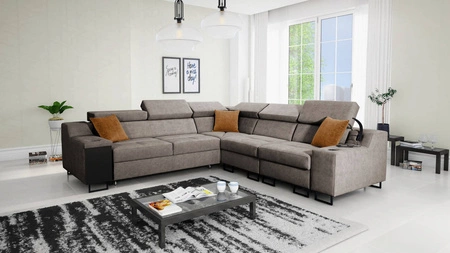 Ecksofa mit Schlaffunktion Alcamo III grau braun rechts funktionelles Ecksofa mit Schublade in der Seite zwei Behälter für Bettzeug