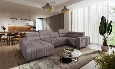 Ecksofa mit Schlaffunktion Castel IV grau-braun linksseitig stilvolles Ecksofa mit Bettzeugcontainer und verstellbaren Kopfstützen