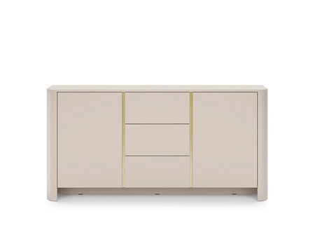 Kommode Bari 168 cm beige modernes Design Kommode für Wohnzimmer ovale Form auffälliges Gold Zubehör