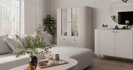 Vitrine Ovalio 123 cm beige Designe rvitrine für das Wohnzimmer in ovaler Form mit dekorativer Fräsung geräumige Schubladen