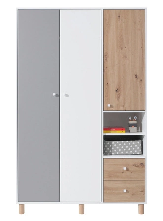 Kleiderschrank Beja 120 cm weiß / Eiche artisam / grau ideal für das Jugendzimmer nutzbar und geräumig hat ein modernes Design