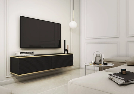 TV-Lowboard Luxury 135 cm Schwarz Begeistert Liebhaber eleganter Arrangements stilvolle geriffelte Front Korpus verziert mit einer goldenen Leiste