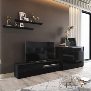 Aliartos schwarz / schwarz glänzend modernes Design push to open system für Türen und Schubladen Möbelset mit Kommode