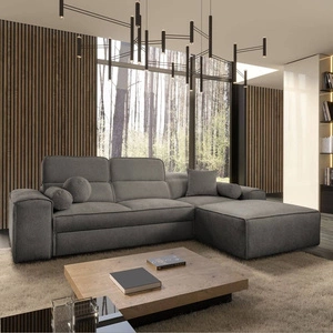 Ecksofa mit Schlaffunktion Viano grau rechte Seite stilvolles Ecksofa mit interessanter Form verstellbare Kopfstützen Zierkissen