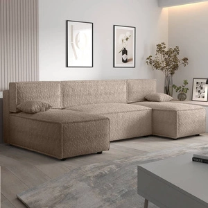 Ecksofa mit Schlaffunktion Brandon U beige Bettzeugcontainer weicher Stoff mit markanter Schlingenoberfläche