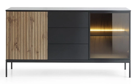 Kommode Amma 154 cm schwarz / Eiche wotan einzigartiges Design dekorative geriffelte und verglaste Fronten der Kommode