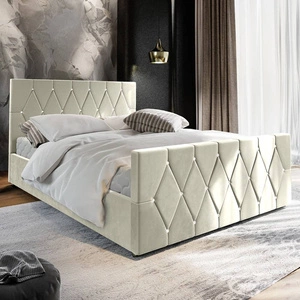 Polsterbett Tifton 160x200 beige mit Stauraum im modernen Stil mit markantem Kopf- und Fußteil mit Kristallen veredelt