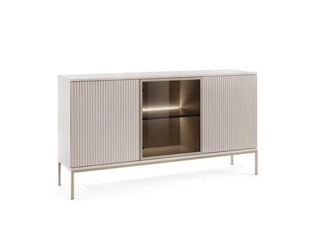 Kommode Amma 154 cm beige unkonventionelles Design verglaste Kommodenfront für Wohnzimmer mit Push-to-Open-System Zierleisten