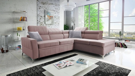 Ecksofa mit Schlaffunktion Rava III lavendelrosa Rechtshänder-Ecksofa aus Samt mit verstellbaren Kopfstützen und Bettzeugcontainer