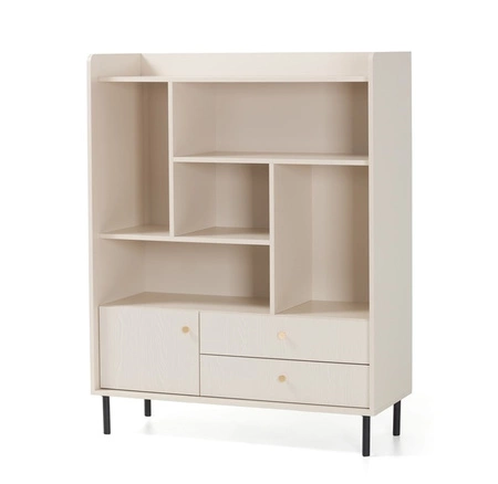 Bücherregal Ferdi 104 cm beige sand interessantes Design stilvolles Bücherregal mit Schubladen und abschließbarem Schrank hohe Oberkante