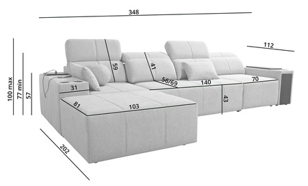 Ecksofa mit Schlaffunktion Tesalia XII grau links modernes Design komfortable Schiebelehne Schublade in der Seite des Möbels