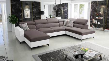 Ecksofa mit Schlaffunktion Savona VI braun/weiß links elegantes und bequemes Ecksofa für Wohnzimmer zwei Container für Bettzeug 