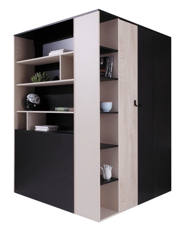 Eckkleiderschrank Niko schwarz / Eiche / beige ideal als Nutz- und geräumiger Kleiderschrank mit Schubladen und Einlegeböden
