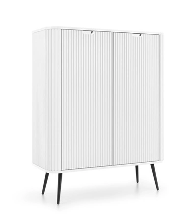 Zoya 103 cm Kommode weiß elegantes Design ovale Form auf schwarzen Metallbeinen geschmackvolle geriffelte Front gesetzt