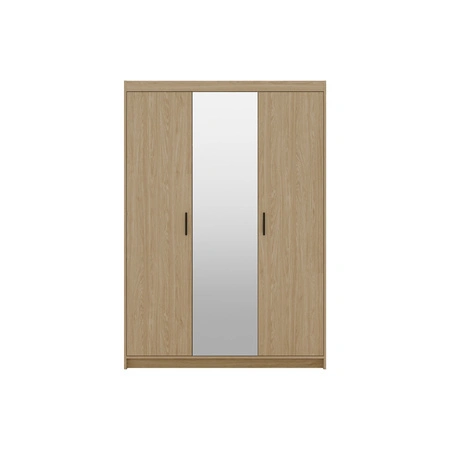 Kleiderschrank mit Spiegel Rene 133 cm Eiche geölt geräumiger Kleiderschrank für das Schlafzimmer in natürlichen Farben mit stilvollen schwarzen Griffen