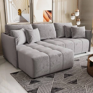 Ecksofa mit Schlaffunktion Oroso hellgrau links Sofa weicher Samtstoff mit hydrophober Beschichtung Bettzeugbehälter