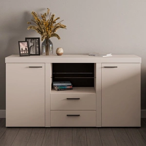 Kommode Rene 156 cm sandbeige elegante und vielseitige Kommode Stil für Wohnzimmer geschmackvolle schwarze Griffe