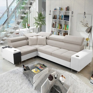 Ecksofa mit Schlaffunktion Dafni II hellbeige/weiß Linkshänder-Ecksofa aus Samt mit Bettzeugstauraum und Vollauszug