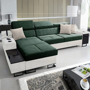 Ecksofa mit Schlaffunktion Alcamo grün/weiß links elegantes und stilvolles Ecksofa mit einer ausziehbaren praktischen Schublade an der Seite des Möbels