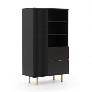 Hochkommode Sula 80 cm schwarz elegante und funktionelle Kommode mit geriffelter Front, die mit Metallgriffen verziert ist