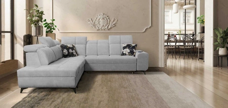 Ecksofa mit Schlaffunktion Buffalo IX grau Esche links stilvolles Ecksofa für einen Raum aus Veloursstoff Zierkissen