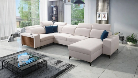 Ecksofa mit Schlaffunktion Kelly IV elfenbeinfarbener rechtsseitiger Samt komfortables Ecksofa verstellbare Kopfstützen Seitenteil mit Lamellenbesatz