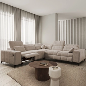 Ecksofa mit Schlaffunktion Penejos III Lux dunkelbeige linkes Ecksofa für das Wohnzimmer mit ausziehbarem Fußteil Bettzeugcontainer