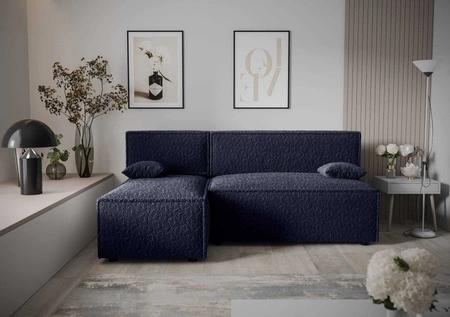 Ecksofa mit Schlaffunktion Brandon navy blue linke Seite weicher Stoff mit charakteristischer Schleifenoberfläche Bettzeugbehälter