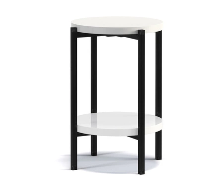 Runder Couchtisch 44 cm Sampi weiß glänzend mit zusätzlichem Regal leichtes Design Metallbasis reizvolle Dekoration jedes Interieur