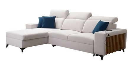 Kelly Ecksofa mit Schlaffunktion grau links geflochten Komfort und Funktionalität Eckseite mit Latten abgeschlossen