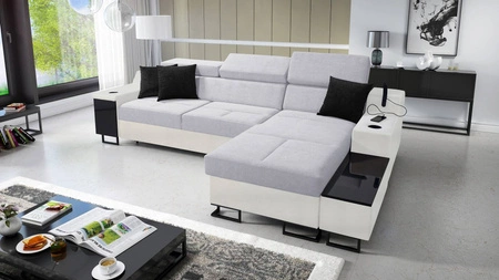 Ecksofa mit Schlaffunktion Alcamo grau Esche / weiß rechts stilvolles Ecksofa mit einer ausziehbaren praktischen Schublade an der Seite des Möbels