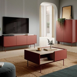 Möbelset Vellore ziegelrot elegante Schrankwand mit originellem Design dezent abgesenkte Platten sind eine Zierde der Möbel