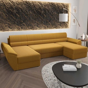 Ecksofa mit Schlaffunktion Fogu U III Honig-Gelb stilvolles Ecksofa mit Armlehnen und Bettzeugablage Cordstoff