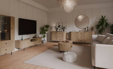 Möbel Set Ovalio Eiche Cremona stilvolle Schrankwand für das Wohnzimmer Elemente der ungewöhnlichen ovalen Form mit sorgfältigen Fräsen verziert