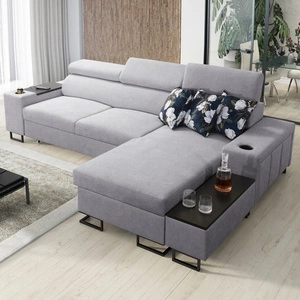 Ecksofa mit Schlaffunktion Flavio graue Esche rechts bequemes elegantes Ecksofa mit einer seitlich zu öffnenden Verlängerungsstange des Möbels