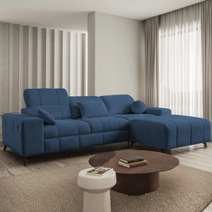 Ecksofa mit Schlaffunktion Penejos blau rechts elegantes Ecksofa mit Bettzeugablage bequem verstellbare Kopfstützen